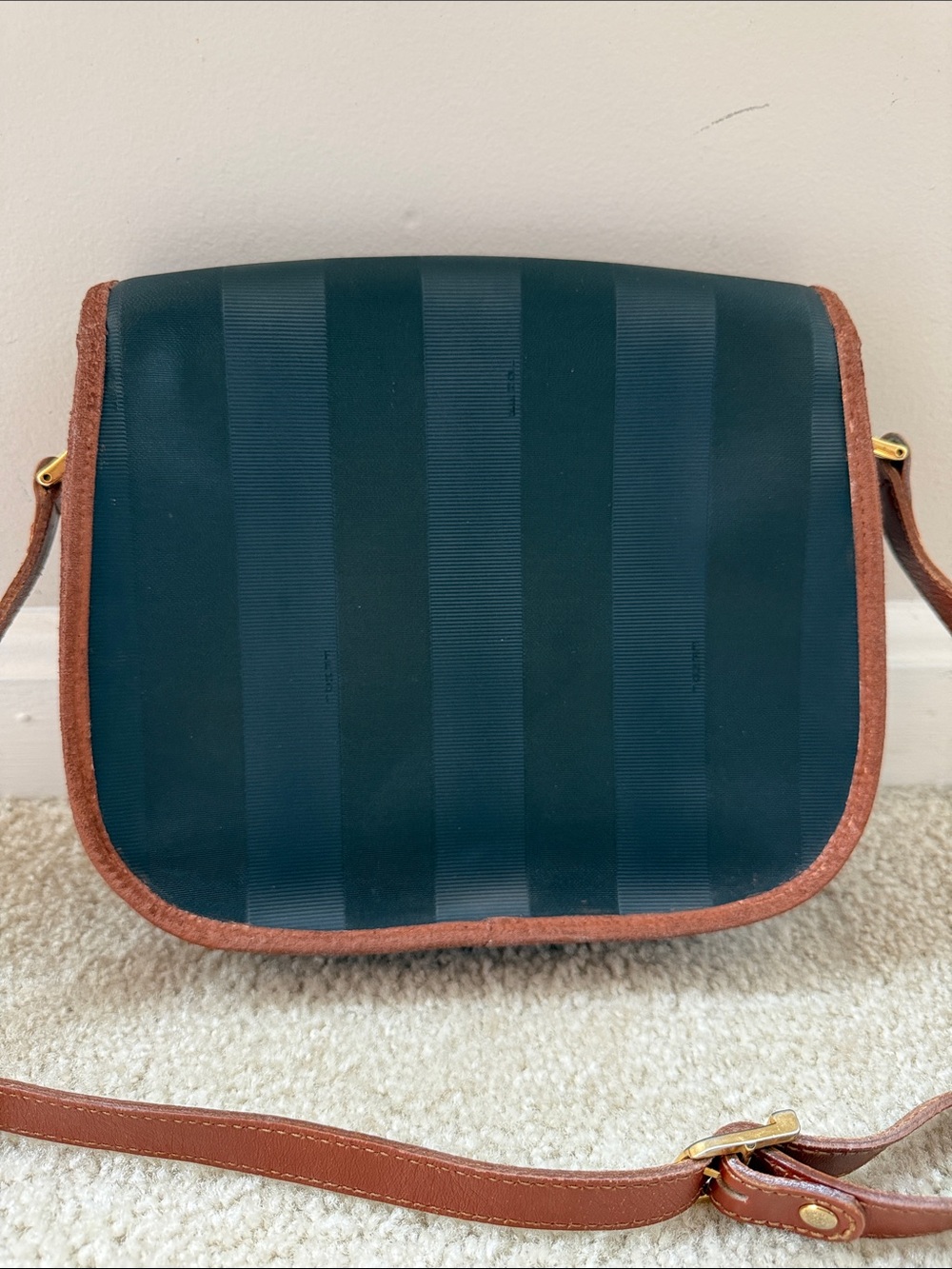 Authentic Vintage Fendi Pequin Stripe Crossbody Saddle Bag Brown Leather Italy - Picture 3 of 10